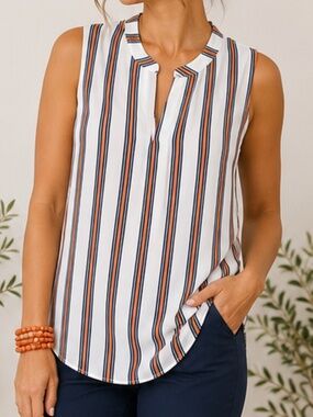NWT | 41 Hawthorne | Sleeveless Navy and Orange Striped Blouse | Size Large